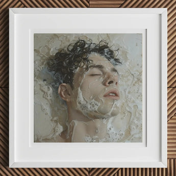 Slip n Slide - Subtle Homoerotic Wall Art Print / Canvas Framed Person Closed Eyes Curly Hair Partially Milk, Slipping, Warm, Private