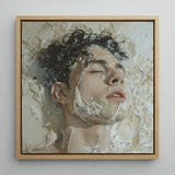 Slip n Slide - Subtle Homoerotic Wall Art Print / Canvas Square-framed Painting Man Dark Curly Hair Submerged Foamy Milk, Slipping, Warm,