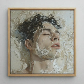 Slip n Slide - Subtle Homoerotic Wall Art Print / Canvas Square-framed Painting Man Dark Curly Hair Submerged Foamy Milk, Slipping, Warm,