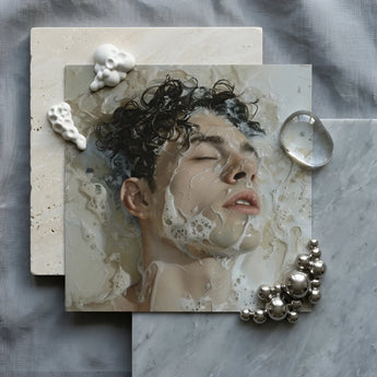 Slip n Slide - Subtle Homoerotic Wall Art Print / Canvas Textured Beige-toned Mixed-media Artwork Portrait Person Dark Curly Milk,