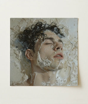 Textured Square Canvas Painting Man Dark Curly Hair Milk, Slipping, Warm, Private Ecstasies