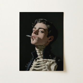 Dark-toned Portrait Print Young Man Black Hair Cigarette Lit Tilted, Victorian Gothic Smoking, Skeleton, Art, Chin Lifted