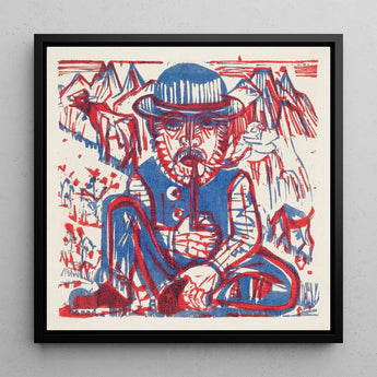 Smoking Peasant - Ernst Ludwig Kirchner Art Print / Canvas Bold Red Blue Linocut Artwork Man Bowler Hat, Electrifying Woodcut, Prints