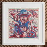 Smoking Peasant - Ernst Ludwig Kirchner Art Print / Canvas Framed Abstract Artwork Stylized Figure Blue Red Tones, Electrifying Woodcut,