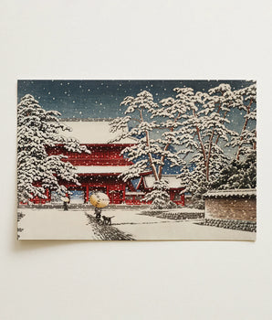Snow-covered Red Wooden Temple Gate Framed Snow-laden Pine Zojoji, Snow Claims, Two Travelers Cross, Courtyard Beneath Paper, Umbrellas,