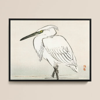 Snowy Egret - Kono Bairei Kacho-e Art Print / Canvas Framed Ink Wash Painting White Heron Black Yellow Bairei’s, Meiji Era Kachō-e, Kōno