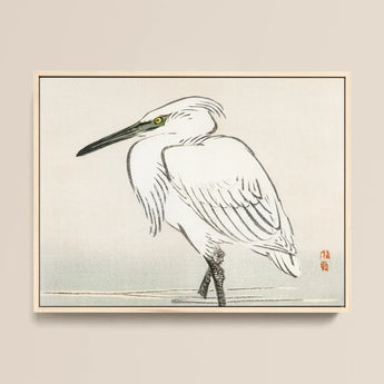 Snowy Egret - Kono Bairei Kacho-e Art Print / Canvas Minimalist Framed Artwork White Heron Black Ink Yellow Bairei’s Snowy Egret, Meiji Era