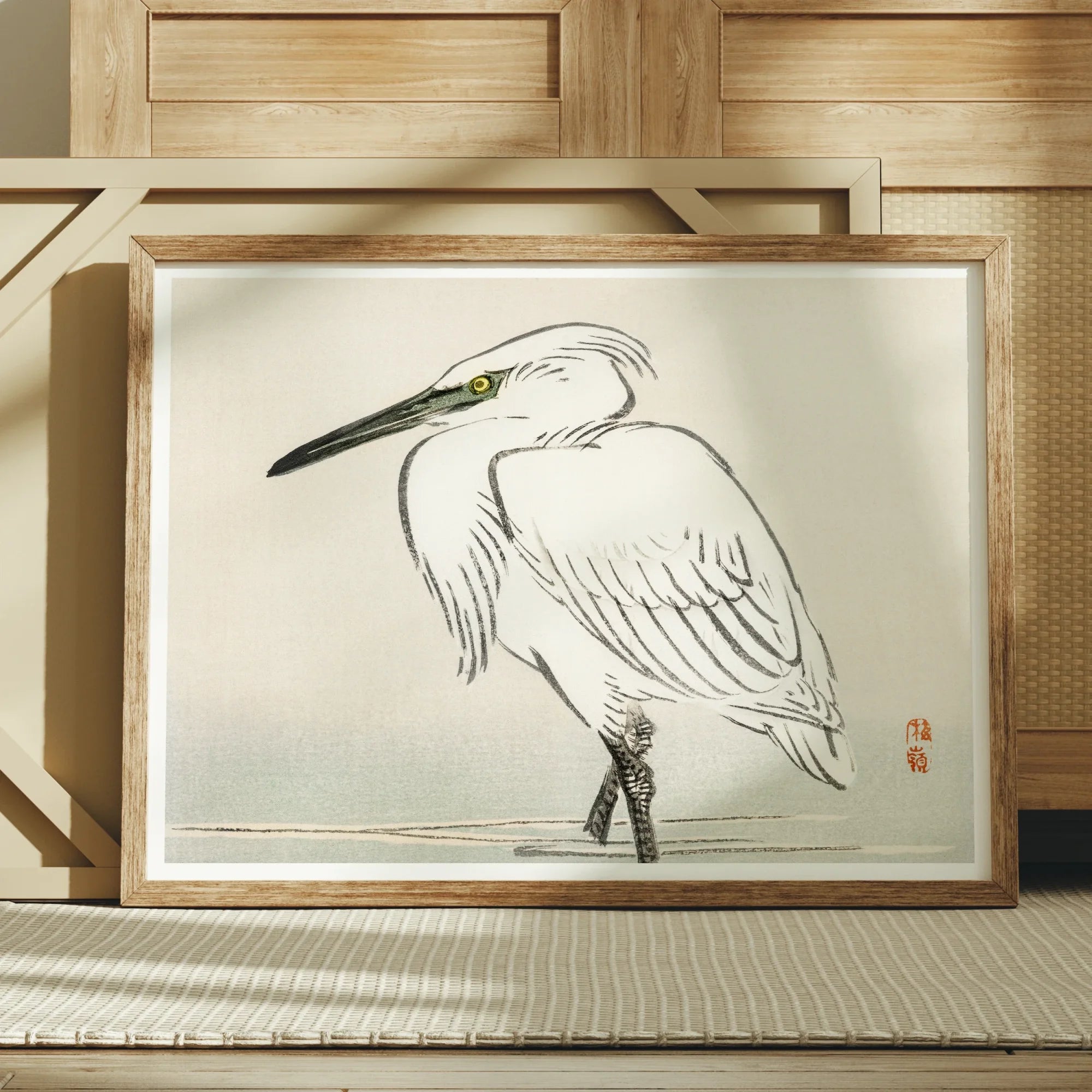 Snowy Egret - Kōno Bairei Kacho-e Art Print, Framed Ink White Egret Heron Minimalist Asian Style