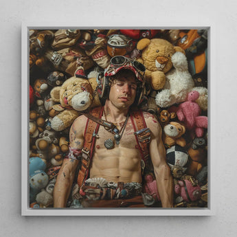 Soft Landing - Lowbrow Gay Pilot Art Print / Canvas Framed Painting Man Aviator Gear Surrounded Numerous Stuffed Handsome Homoerotic Queer,