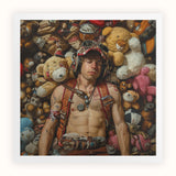 Soft Landing - Lowbrow Gay Pilot Art Print / Canvas Shirtless Young Man Goggles Accessories Surrounded Stuffed Animals Handsome Homoerotic