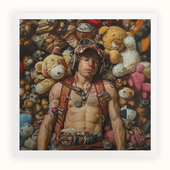Soft Landing - Lowbrow Gay Pilot Art Print / Canvas Shirtless Young Man Goggles Accessories Surrounded Stuffed Animals Handsome Homoerotic