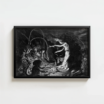 Black-framed Artwork Dramatic Monochromatic Figure Robes Grotesque Creatures Crooked Hearth Burns, Velde Ii Art, Conjurer Leans