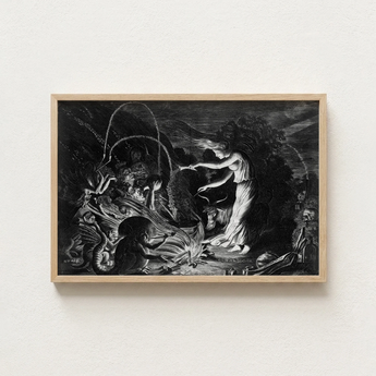 Framed Black-and-white Dramatic Scene Figures Mythical Creatures Enclosed Crooked Hearth Burns, Velde Ii Art, Conjurer Leans
