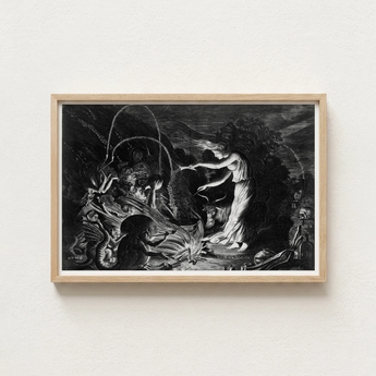 Framed Black-and-white Dramatic Scene Figures Mythical Creatures Enclosed Crooked Hearth Burns, Velde Ii Art, Conjurer Leans