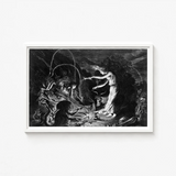 Black-and-white Framed Artwork Dramatic Scene Figures Surreal Elements Crooked Hearth Burns, Velde Ii Art, Conjurer Leans