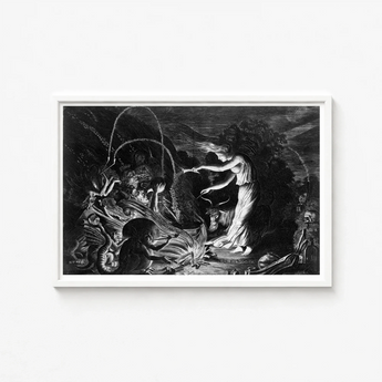 Black-and-white Framed Artwork Dramatic Scene Figures Surreal Elements Crooked Hearth Burns, Velde Ii Art, Conjurer Leans