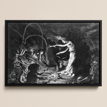 The Sorceress - Jan Van De Velde Ii Art Print / Canvas Black-framed Black-and-white Mythological Scene Crooked Hearth Burns, Conjurer Leans