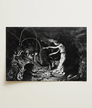 Black-and-white Print Dramatic Scene Figures Creatures Signed Gustave Crooked Hearth Burns, Velde Ii Art, Conjurer Leans