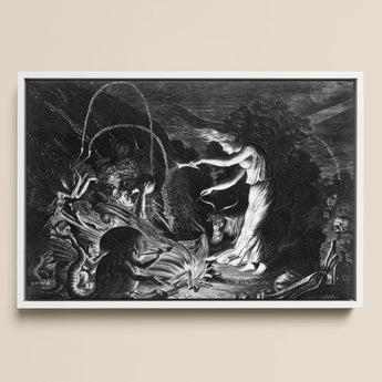 The Sorceress - Jan Van De Velde Ii Art Print / Canvas Black-and-white Framed Artwork Dramatic Scene Figures Mythical Creatures Crooked