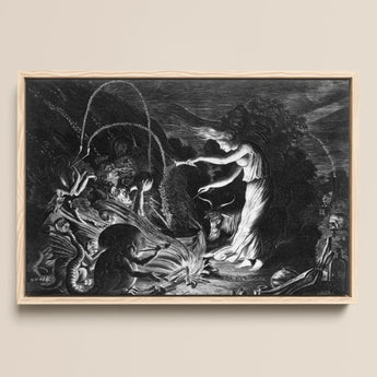 The Sorceress - Jan Van De Velde Ii Framed Canvas, 18x12’’ / 46x31cm / Natural Floating Frame, Framed Black White Print Witchy Scene