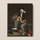 The Spanish Singer - Edouard Manet Art Print / Canvas Framed Painting Man Black Attire White Headscarf Acoustic, Tears, Working Guitarist