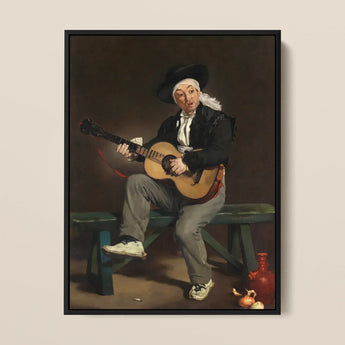 The Spanish Singer - Edouard Manet Art Print / Canvas Framed Painting Man Black Attire White Headscarf Acoustic, Tears, Working Guitarist