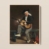 The Spanish Singer - Edouard Manet Art Print / Canvas Framed Painting Man Black Attire White Headscarf Acoustic, Tears, Working Guitarist