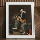 The Spanish Singer - Edouard Manet Art Print / Canvas White-framed Classical Painting Man Dark Attire Wide-brimmed, Tears, Working