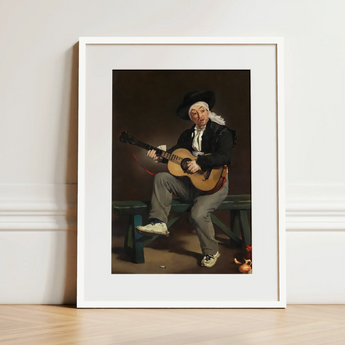 The Spanish Singer - Edouard Manet Art Print / Canvas White-framed Man Black Hat Coat Acoustic, Tears, Working Guitarist Caught,