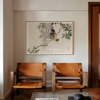 Sparrow on a Branch - Kono Bairei Meiji Era Art Print / Canvas Two Tan Leather Chairs Wooden Frames Positioned Meiji-era Avian Marvel,