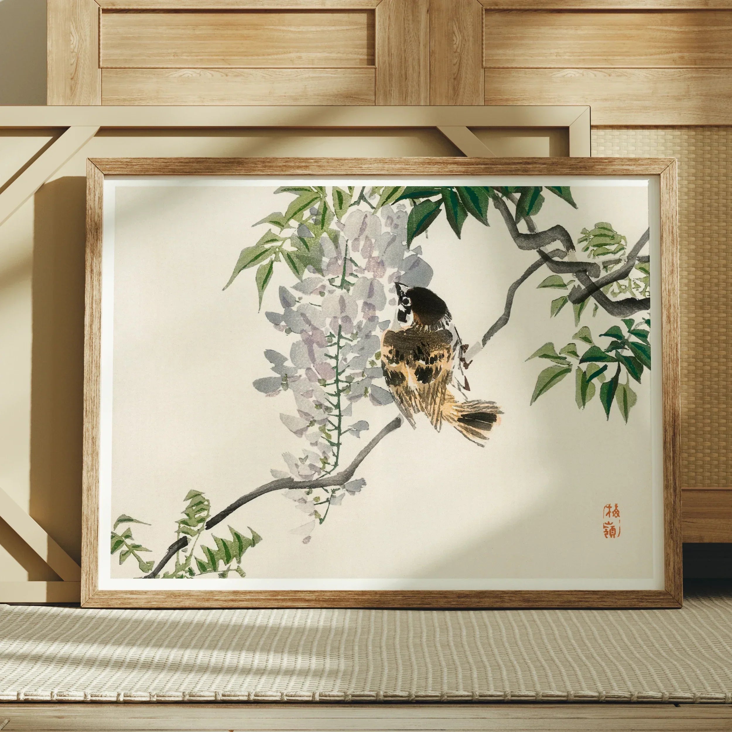 Sparrow on a Branch - Kōno Bairei Meiji Era Art Print, Framed Japanese-style Artwork Bird Perched Among Wisteria Blossoms