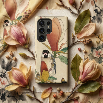 Sparrow on Magnolia - Ohara Koson Kachō-e Phone Case Cream-colored Detailed Illustration Bird Perched Among, Koson’s Mesmerizing, Artistry