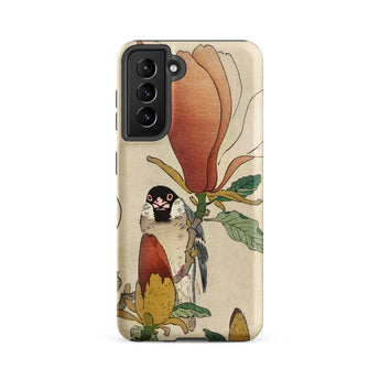 Sparrow on Magnolia - Ohara Koson Kachō-e Phone Case Samsung Galaxy S21 Fe / Matte Beige Detailed Illustration Bird Perched Stylized,