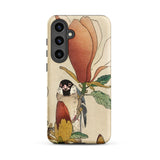 Sparrow on Magnolia - Ohara Koson Kachō-e Phone Case Samsung Galaxy S24 Plus / Matte Stylized Illustration Bird Perched Peach-toned,