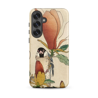 Sparrow on Magnolia - Ohara Koson Kachō-e Phone Case Samsung Galaxy S25 Plus / Matte Beige Detailed Illustration Perched Peach-colored,