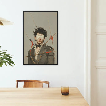 Spearhead - Dapper Gay Outlaw Art Print / Canvas Black-framed Artwork Person Dark Curly Hair Blindfolded Surrounded Dandy, Prints