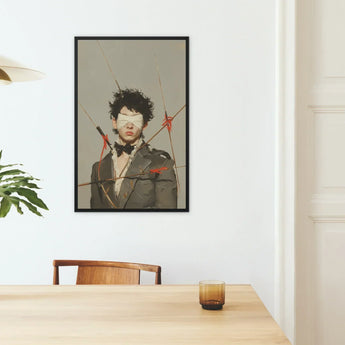 Spearhead - Dapper Gay Outlaw Art Print / Canvas Black-framed Artwork Person Dark Curly Hair Blindfolded Surrounded Dandy, Prints