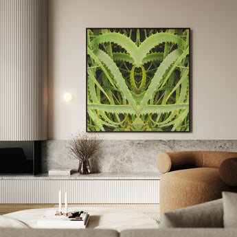 Spiked - Trippy Aloe Vera Botanical Art Print / Canvas Framed Square Artwork Symmetrical Mirrored Composition Vibrant Green Humble Aloe