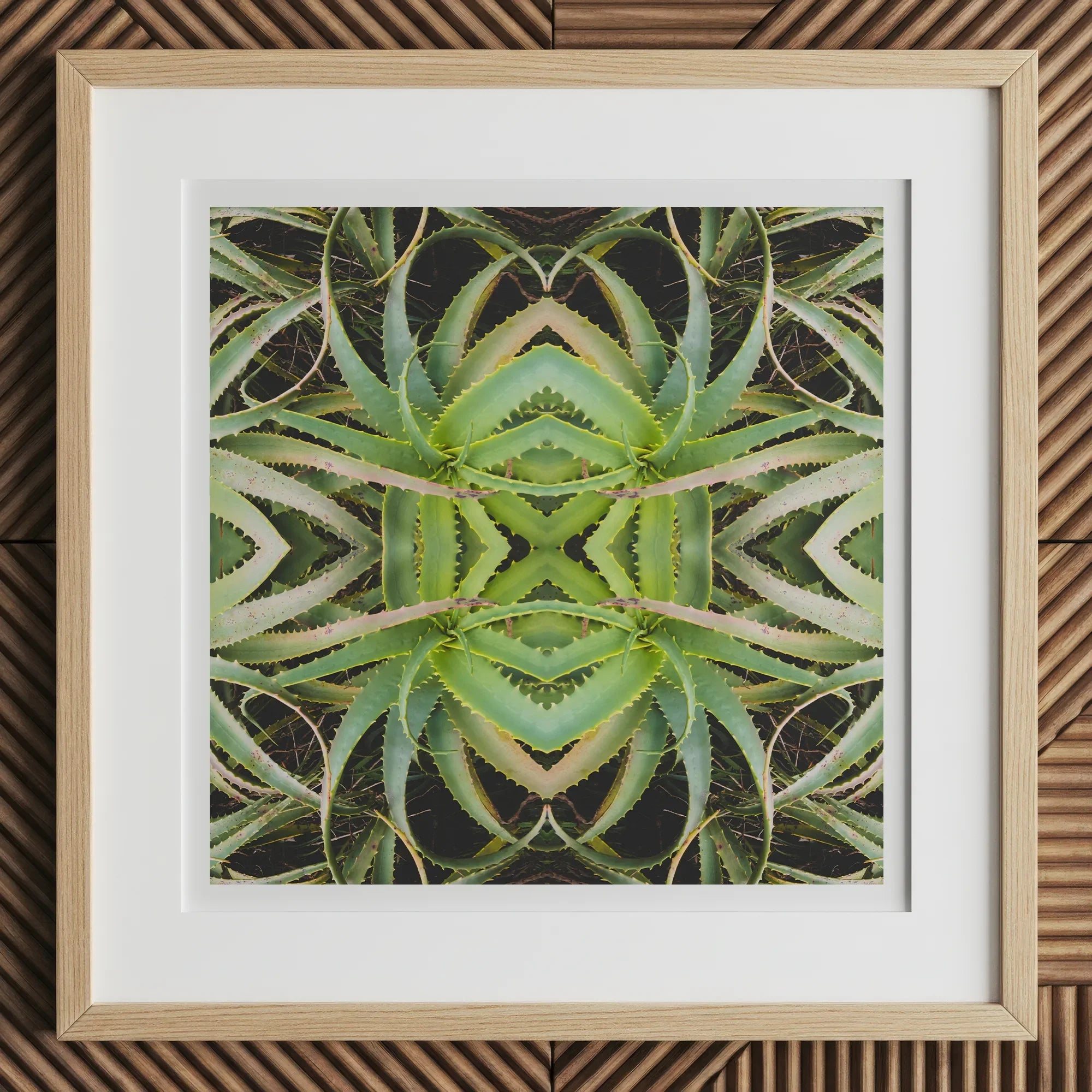 Spiked too - Trippy Aloe Vera Botanical Op Art Print, 12x12’’ / 31x31cm / Natural Frame / 2’’ Matboard, Framed Matted Print Symmetrical