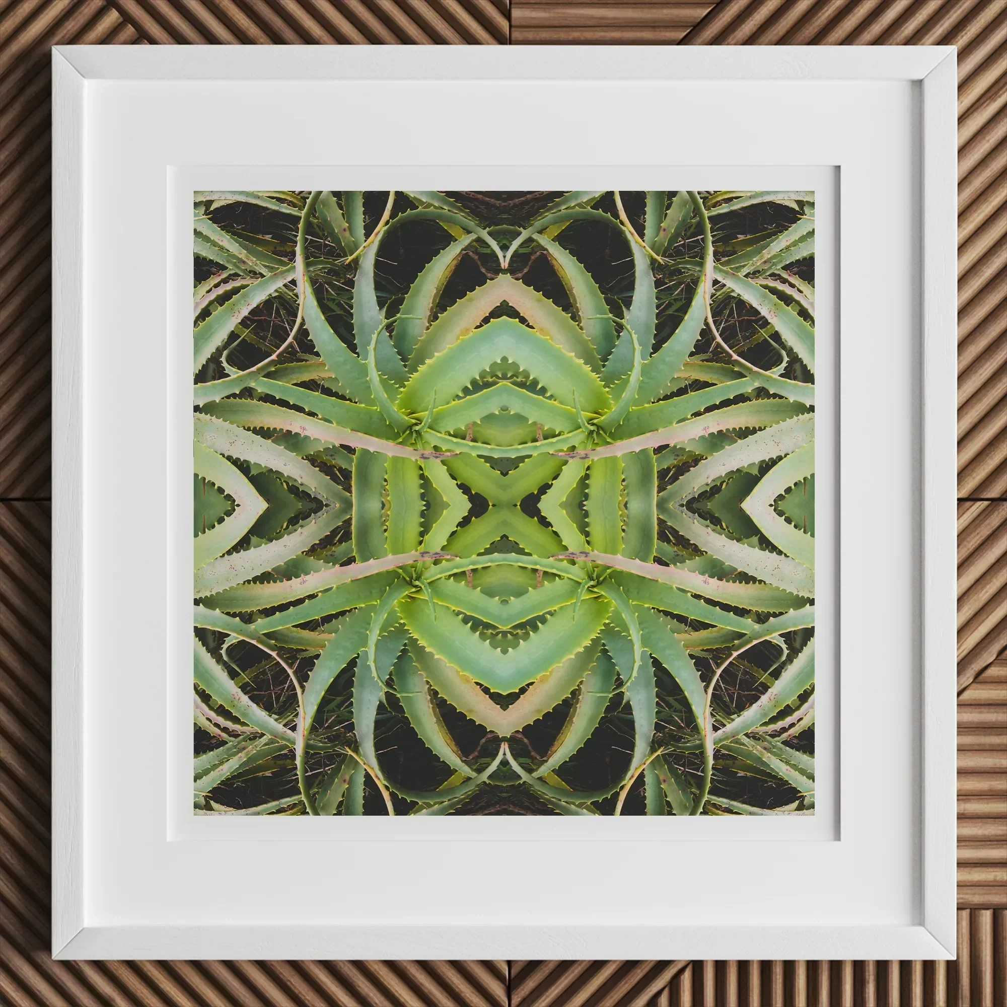 Spiked too - Trippy Aloe Vera Botanical Op Art Print, 12x12’’ / 31x31cm / White Frame / 2’’ Matboard, Framed Abstract Artwork Green Aloe