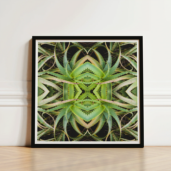 Framed Symmetrical Botanical Print Mirrored Green Aloe Vera Morphs, Verdant Rorschach Test, Trippy