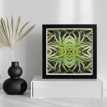 Spiked too - Trippy Aloe Vera Botanical Op Art Print / Canvas Framed Kaleidoscopic Mirrored Palm Frond Morphs, Verdant Rorschach Test,