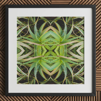 Spiked too - Trippy Aloe Vera Botanical Op Art Print / Canvas Framed Symmetrical Kaleidoscopic Pattern Green Morphs, Verdant Rorschach