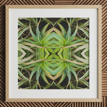 Spiked too - Trippy Aloe Vera Botanical Op Art Print / Canvas Framed Symmetrical Kaleidoscopic Pattern Green Succulent Morphs, Verdant