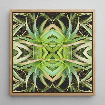 Spiked too - Trippy Aloe Vera Botanical Op Art Print / Canvas Square-framed Artwork Symmetrical Kaleidoscopic Pattern Green Succulent