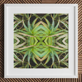 Spiked too - Trippy Aloe Vera Botanical Op Art Print / Canvas White-framed Square Symmetrical Kaleidoscopic Pattern Green Morphs, Verdant