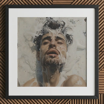 Spilled Milk - Dreamy Gay Art Erotica Giclee Print / Canvas Black-framed Artwork Man Dark Hair Beard Submerged Soapy Ethereal Sea, Milky
