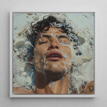 Splish Splash - Gaysian Male Erotica Art Print / Canvas Square-framed Painting Man Dark Wet Hair Facial Features Homoerotic, Tactile