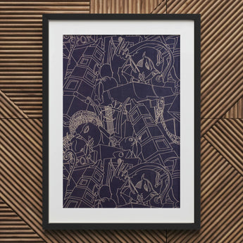 Spqr - Victor Proetz Decorative Textile Pattern Art Print / Canvas Black-framed Artwork White Mat Intricate Navy Blue Gold, Mesmerizing