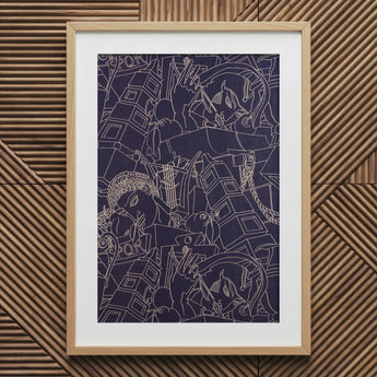 Spqr - Victor Proetz Decorative Textile Pattern Art Print / Canvas Framed Abstract Artwork White Line Illustrations Deep Navy, Mesmerizing